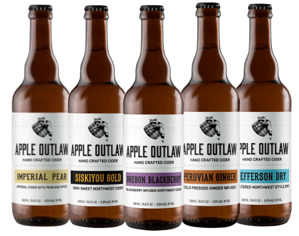 Six bottles of apple duluth beer.